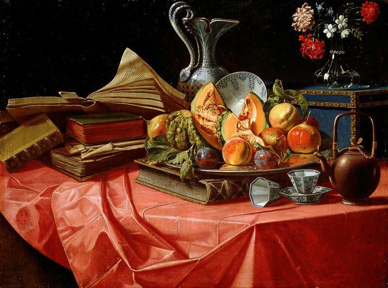Cristoforo Munari vasetto di fiori e teiera su tavolo coperto da tovaglia rossa oil painting image